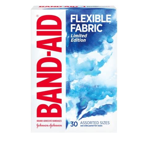 Marca BAND-AID(R) Apósitos de tela flexible con estampados de acuarela, frente del paquete