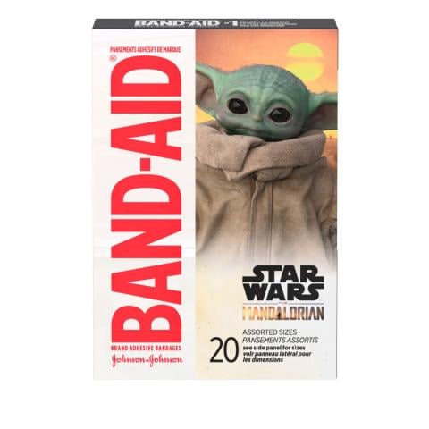 Marca BAND-AID® Venditas con imágenes de Baby Yoda de The Mandalorian, 20 unidades, frente del paquete