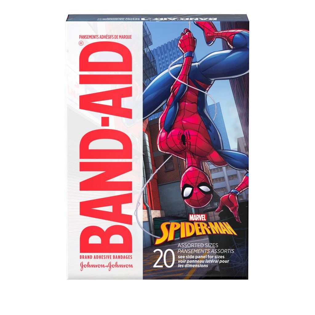 Marca BAND-AID® Apósitos con imágenes de Spiderman de MARVEL, 20 unidades, frente del paquete
