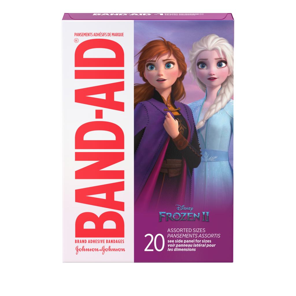 Marca BAND-AID® Apósitos con imágenes de Frozen de Disney, 20 unidades, reverso del paquete