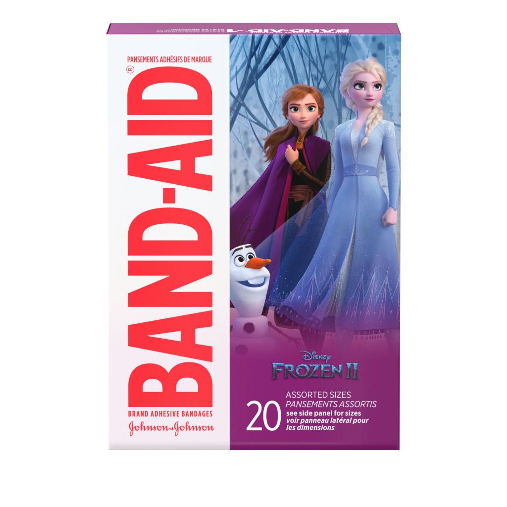 Marca BAND-AID® Apósitos con imágenes de Frozen de Disney, 20 unidades, frente del paquete
