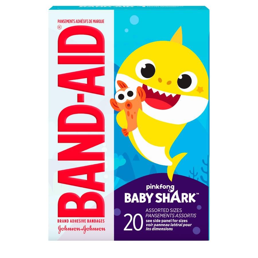 Marca BAND-AID® Venditas con imágenes de Baby Shark, 20 unidades, dorso del paquete
