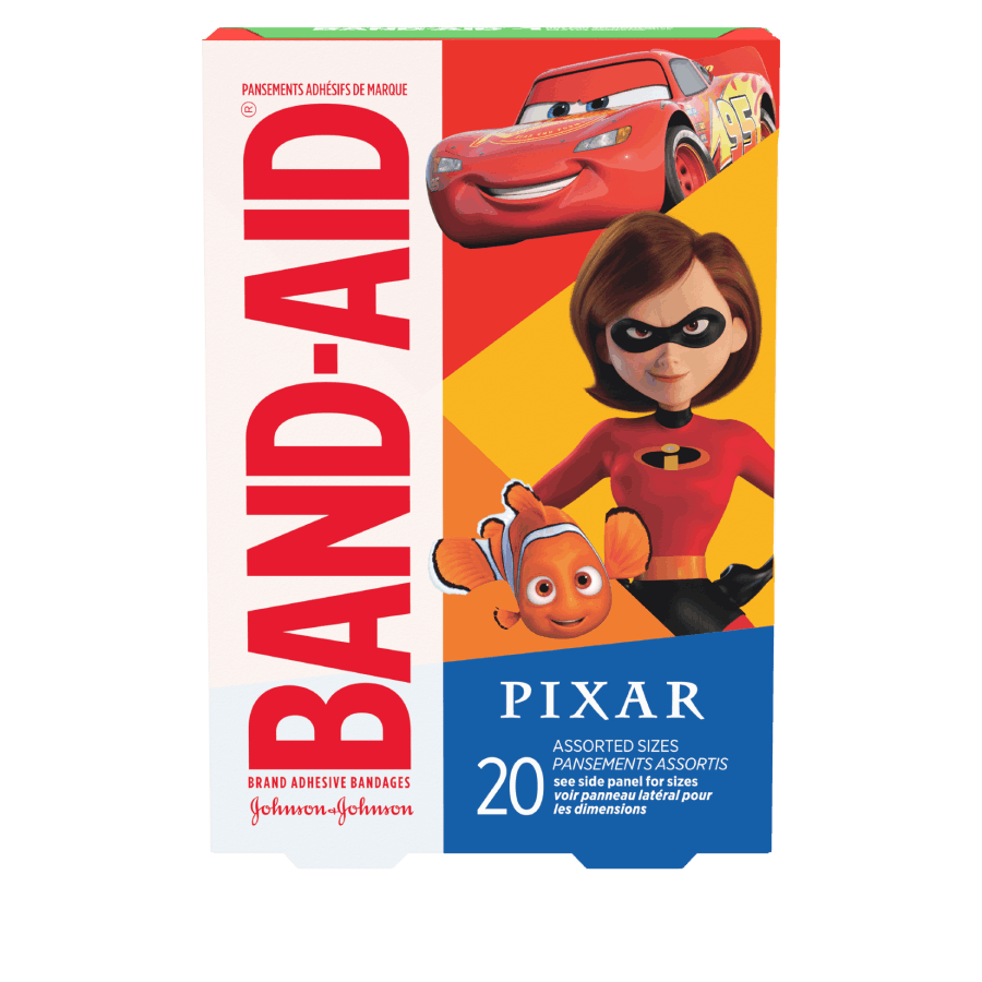 Marca BAND-AID® Apósitos con imágenes de personajes variados de Disney y Pixar, 20 unidades, frente del paquete