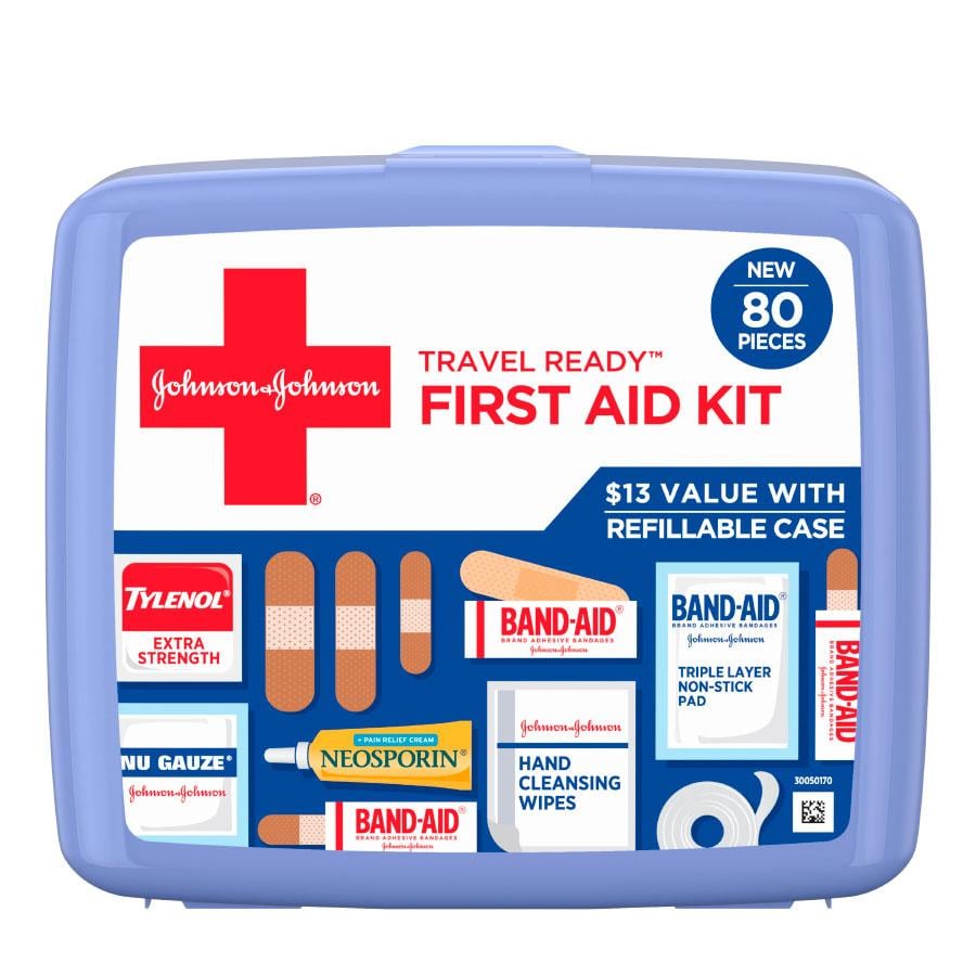 Marca BAND-AID® Kit de primeros auxilios, 80 unidades, frente del paquete