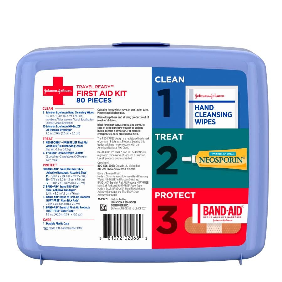 Marca BAND-AID® Kit de primeros auxilios, 80 unidades, dorso del paquete
