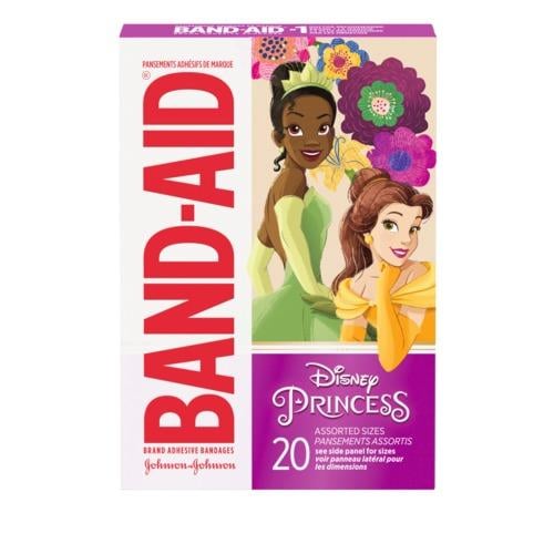 Marca BAND-AID(R) Venditas con imágenes de Disney Princesses, 20 unidades, frente del paquete con las princesas Tiana y Bell