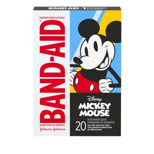 Marca BAND-AID(R) Venditas con imágenes antiguas de Mickey y Minnie Mouse, 20 unidades, frente del paquete