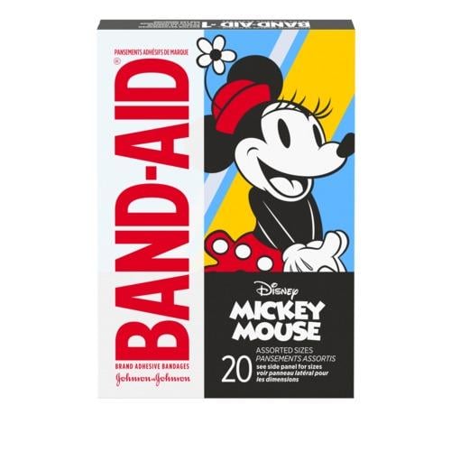 Marca BAND-AID(R) Venditas con imágenes de Mickey y Minnie Mouse, 20 unidades, reverso del paquete