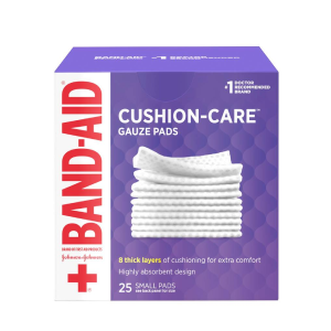 Envase del producto Marca BAND-AID® Almohadillas de gasa CUSHION-CARE™